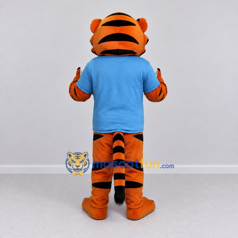 Custom Orange and Blue Tiger in T-Shirt Mascot Costume Adult Full Body Suit for Sports Events Custom Orange and Blue Tiger in T-Shirt Mascot Costume Adult Full Body Suit for Sports Events
