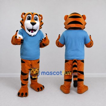 Custom Orange and Blue Tiger in T-Shirt Mascot Costume Adult Full Body Suit for Sports Events