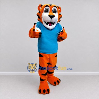 Custom Orange and Blue Tiger in T-Shirt Mascot Costume Adult Full Body Suit for Sports Events