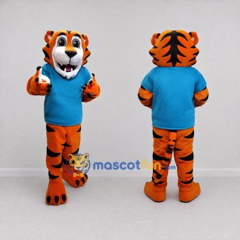 Custom Orange and Blue Tiger in T-Shirt Mascot Costume Adult Full Body Suit for Sports Events