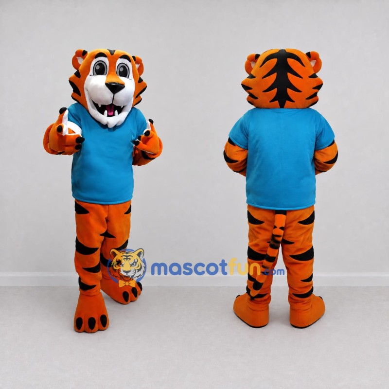 Custom Orange and Blue Tiger in T-Shirt Mascot Costume Adult Full Body Suit for Sports Events Custom Orange and Blue Tiger in T-Shirt Mascot Costume Adult Full Body Suit for Sports Events
