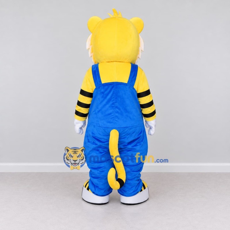 Custom Yellow Black and Blue Tiger in Overalls Mascot Costume Adult Full Body Suit for School Events Custom Yellow Black and Blue Tiger in Overalls Mascot Costume Adult Full Body Suit for School Events