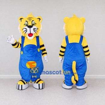 Custom Yellow Black and Blue Tiger in Overalls Mascot Costume Adult Full Body Suit for School Events