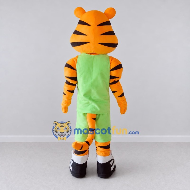 Custom Orange Black and Green Tiger in Sportswear Mascot Costume Adult Full Body Suit for Sports Events Custom Orange Black and Green Tiger in Sportswear Mascot Costume Adult Full Body Suit for Sports Events