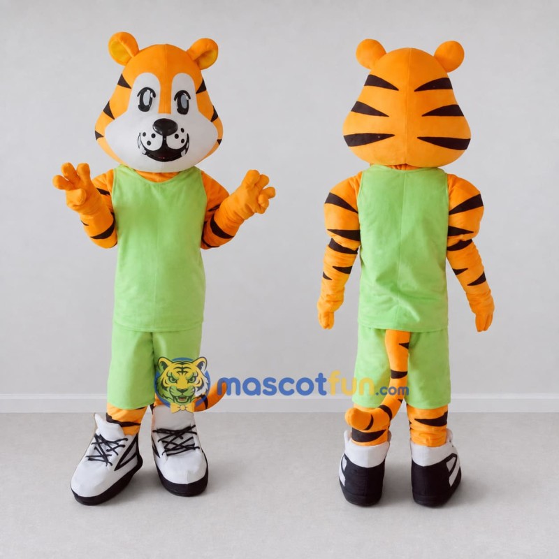 Custom Orange Black and Green Tiger in Sportswear Mascot Costume Adult Full Body Suit for Sports Events Custom Orange Black and Green Tiger in Sportswear Mascot Costume Adult Full Body Suit for Sports Events
