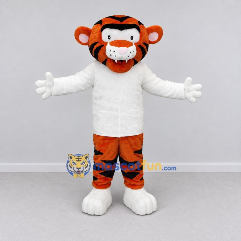 Custom Orange Black and White Tiger in Sweater Mascot Costume Adult Full Body Suit for School Events Custom Orange Black and White Tiger in Sweater Mascot Costume Adult Full Body Suit for School Events