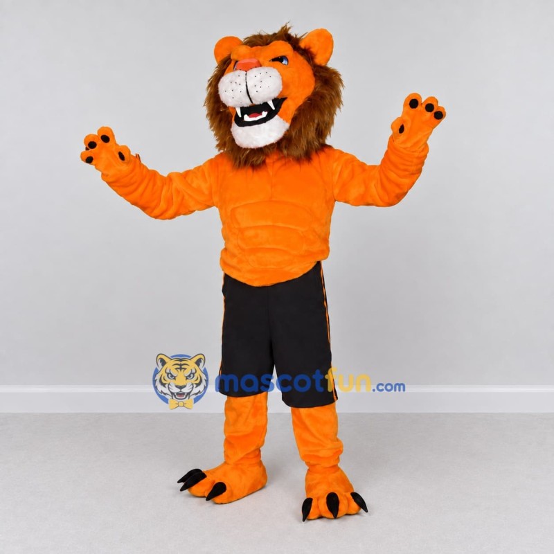 Custom Orange Brown and Black Lion in Shorts Mascot Costume Adult Full Body Suit for Sports Events Custom Orange Brown and Black Lion in Shorts Mascot Costume Adult Full Body Suit for Sports Events