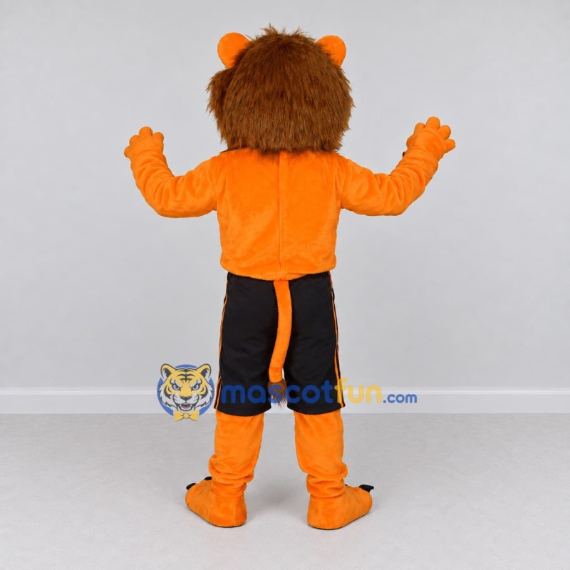 Custom Orange Brown and Black Lion in Shorts Mascot Costume Adult Full Body Suit for Sports Events Custom Orange Brown and Black Lion in Shorts Mascot Costume Adult Full Body Suit for Sports Events