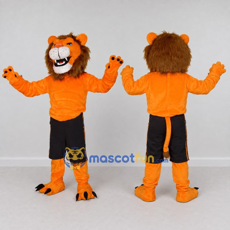 Custom Orange Brown and Black Lion in Shorts Mascot Costume Adult Full Body Suit for Sports Events Custom Orange Brown and Black Lion in Shorts Mascot Costume Adult Full Body Suit for Sports Events