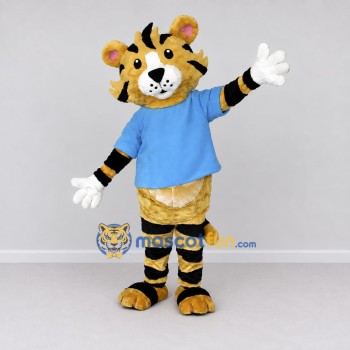 Custom Yellow Black and Blue Tiger in T-Shirt Mascot Costume Adult Full Body Suit for School Events Custom Yellow Black and Blue Tiger in T-Shirt Mascot Costume Adult Full Body Suit for School Events