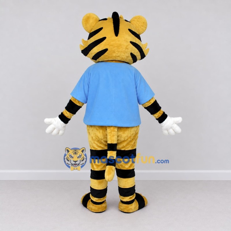 Custom Yellow Black and Blue Tiger in T-Shirt Mascot Costume Adult Full Body Suit for School Events Custom Yellow Black and Blue Tiger in T-Shirt Mascot Costume Adult Full Body Suit for School Events