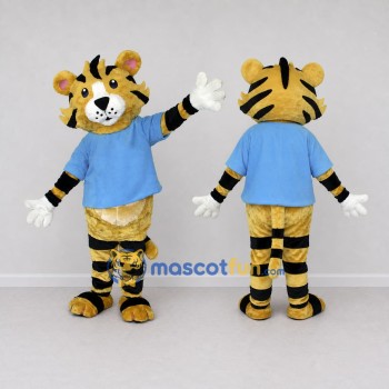 Custom Yellow Black and Blue Tiger in T-Shirt Mascot Costume Adult Full Body Suit for School Events