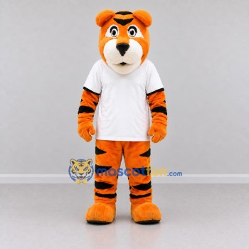 Custom Orange Black and White Tiger in T-Shirt Mascot Costume Adult Full Body Suit for Sports Events Custom Orange Black and White Tiger in T-Shirt Mascot Costume Adult Full Body Suit for Sports Events