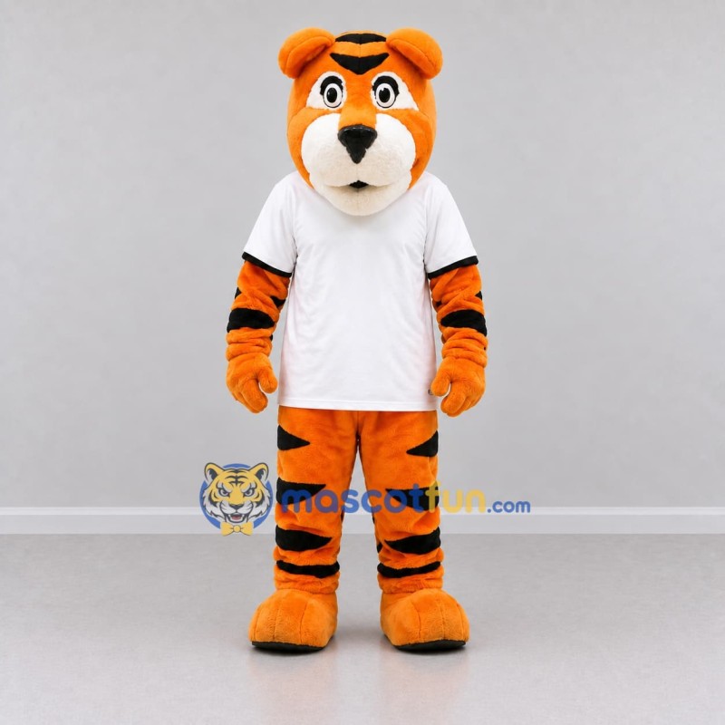 Custom Orange Black and White Tiger in T-Shirt Mascot Costume Adult Full Body Suit for Sports Events Custom Orange Black and White Tiger in T-Shirt Mascot Costume Adult Full Body Suit for Sports Events