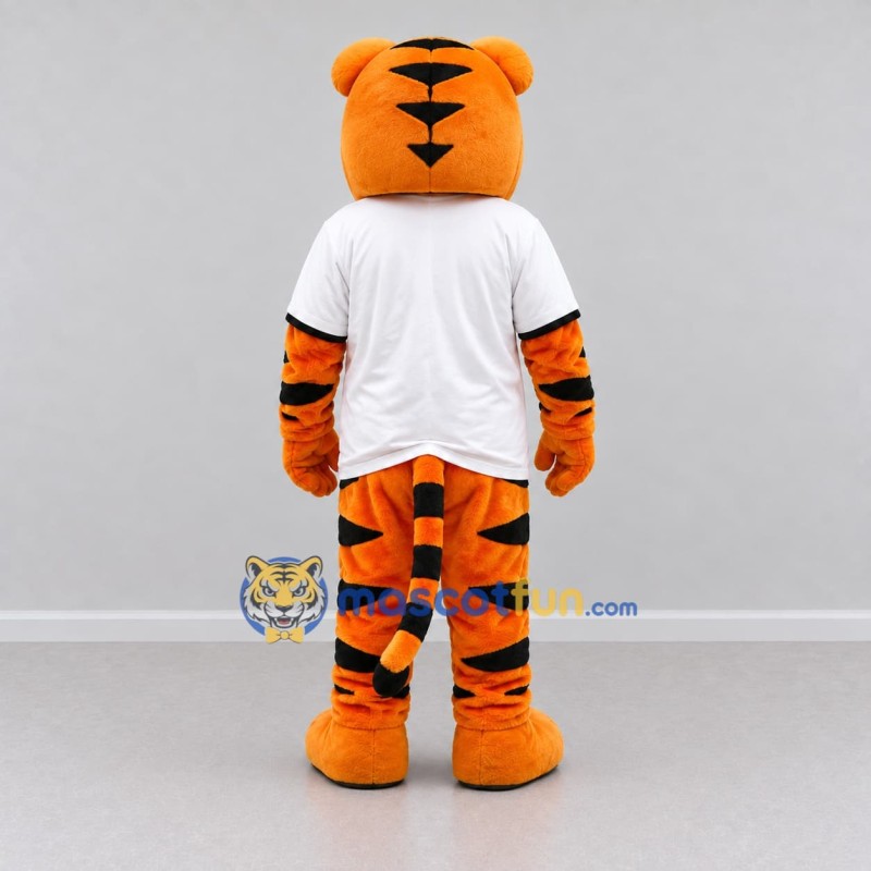 Custom Orange Black and White Tiger in T-Shirt Mascot Costume Adult Full Body Suit for Sports Events Custom Orange Black and White Tiger in T-Shirt Mascot Costume Adult Full Body Suit for Sports Events