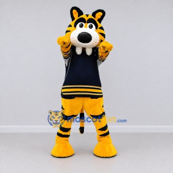 Custom Yellow Black and Navy Blue Saber-Toothed Tiger in Jersey Mascot Costume Adult Full Body Suit for Sports Events Custom Yellow Black and Navy Blue Saber-Toothed Tiger in Jersey Mascot Costume Adult Full Body Suit for Sports Events