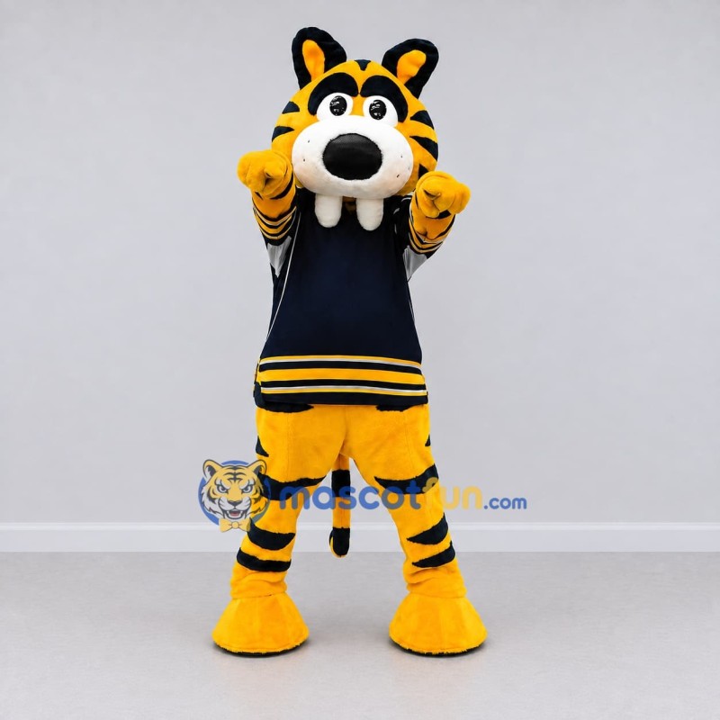 Custom Yellow Black and Navy Blue Saber-Toothed Tiger in Jersey Mascot Costume Adult Full Body Suit for Sports Events Custom Yellow Black and Navy Blue Saber-Toothed Tiger in Jersey Mascot Costume Adult Full Body Suit for Sports Events
