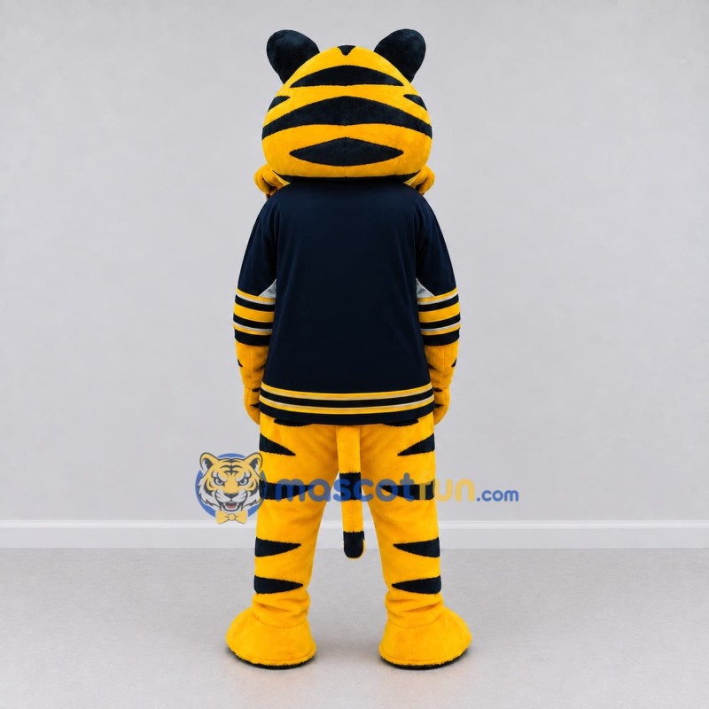 Custom Yellow Black and Navy Blue Saber-Toothed Tiger in Jersey Mascot Costume Adult Full Body Suit for Sports Events Custom Yellow Black and Navy Blue Saber-Toothed Tiger in Jersey Mascot Costume Adult Full Body Suit for Sports Events