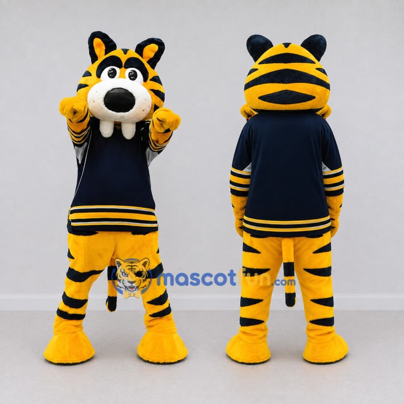 Custom Yellow Black and Navy Blue Saber-Toothed Tiger in Jersey Mascot Costume Adult Full Body Suit for Sports Events Custom Yellow Black and Navy Blue Saber-Toothed Tiger in Jersey Mascot Costume Adult Full Body Suit for Sports Events