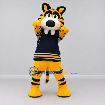 Custom Yellow Black and Navy Blue Saber-Toothed Tiger in Jersey Mascot Costume Adult Full Body Suit for Sports Events Custom Yellow Black and Navy Blue Saber-Toothed Tiger in Jersey Mascot Costume Adult Full Body Suit for Sports Events