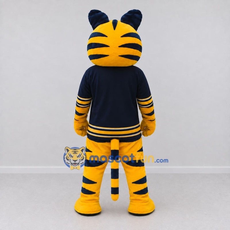 Custom Yellow Black and Navy Blue Saber-Toothed Tiger in Jersey Mascot Costume Adult Full Body Suit for Sports Events Custom Yellow Black and Navy Blue Saber-Toothed Tiger in Jersey Mascot Costume Adult Full Body Suit for Sports Events