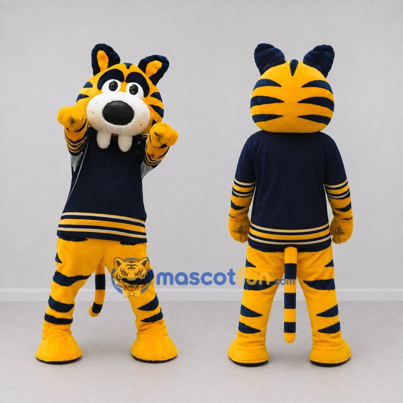 Custom Yellow Black and Navy Blue Saber-Toothed Tiger in Jersey Mascot Costume Adult Full Body Suit for Sports Events Custom Yellow Black and Navy Blue Saber-Toothed Tiger in Jersey Mascot Costume Adult Full Body Suit for Sports Events