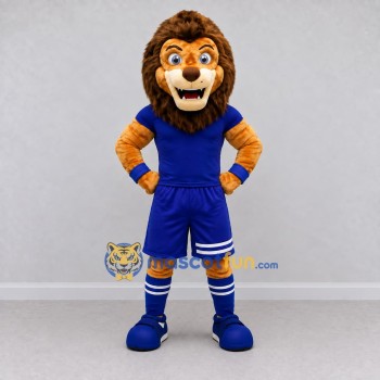 Custom Golden Brown and Blue Lion in Sportswear Mascot Costume Adult Full Body Suit for Sports Events