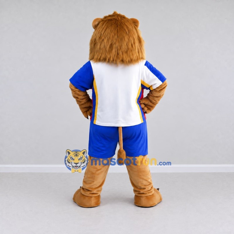 Custom Tan Blue and White Lion in Sportswear Mascot Costume Adult Full Body Suit for Sports Events Custom Tan Blue and White Lion in Sportswear Mascot Costume Adult Full Body Suit for Sports Events