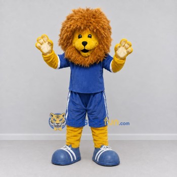Custom Yellow Brown and Blue Lion in Sportswear Mascot Costume Adult Full Body Suit for Sports Events