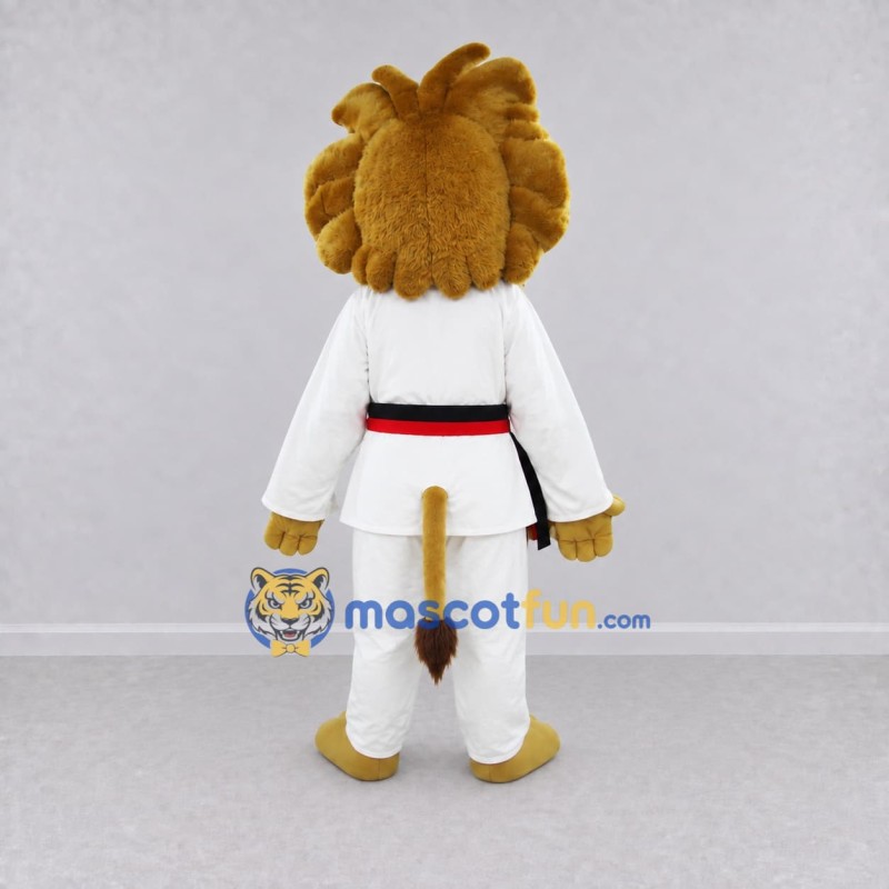 Custom Golden Brown and White Lion in Martial Arts Uniform Mascot Costume Adult Full Body Suit for Martial Arts Events Custom Golden Brown and White Lion in Martial Arts Uniform Mascot Costume Adult Full Body Suit for Martial Arts Events