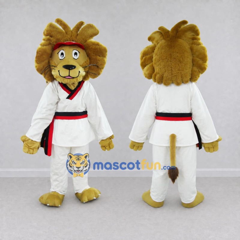 Custom Golden Brown and White Lion in Martial Arts Uniform Mascot Costume Adult Full Body Suit for Martial Arts Events Custom Golden Brown and White Lion in Martial Arts Uniform Mascot Costume Adult Full Body Suit for Martial Arts Events