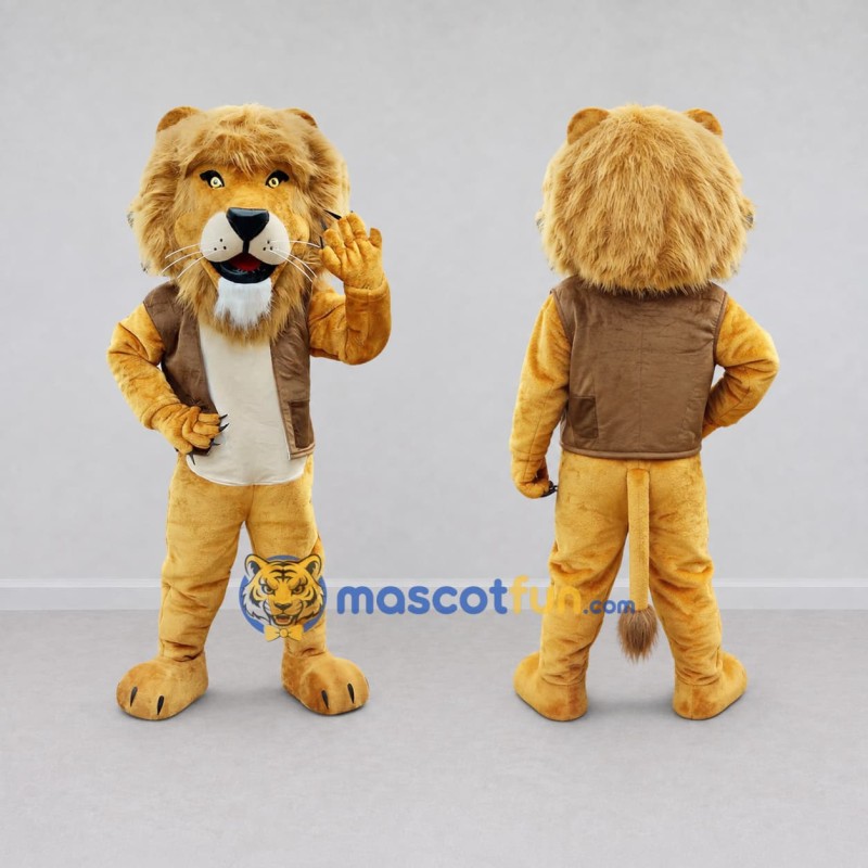 Custom Golden Brown Lion in Vest Mascot Costume Adult Full Body Suit for Wildlife Events Custom Golden Brown Lion in Vest Mascot Costume Adult Full Body Suit for Wildlife Events