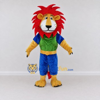 Custom Tan Red Green and Blue Lion in Sportswear Mascot Costume Adult Full Body Suit for Sports Events Custom Tan Red Green and Blue Lion in Sportswear Mascot Costume Adult Full Body Suit for Sports Events