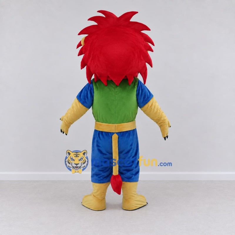 Custom Tan Red Green and Blue Lion in Sportswear Mascot Costume Adult Full Body Suit for Sports Events Custom Tan Red Green and Blue Lion in Sportswear Mascot Costume Adult Full Body Suit for Sports Events