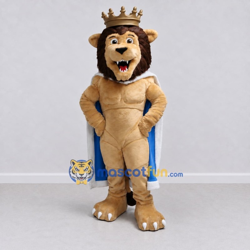 Custom Tan Brown and Blue Lion with Crown and Cape Mascot Costume Adult Full Body Suit for Themed Parties Custom Tan Brown and Blue Lion with Crown and Cape Mascot Costume Adult Full Body Suit for Themed Parties