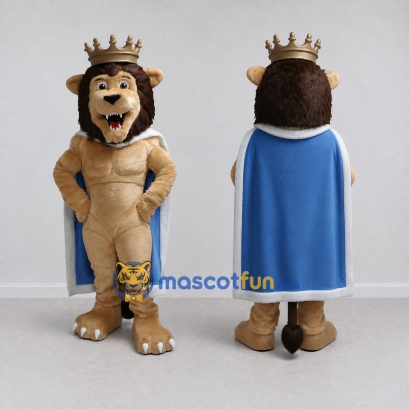 Custom Tan Brown and Blue Lion with Crown and Cape Mascot Costume Adult Full Body Suit for Themed Parties Custom Tan Brown and Blue Lion with Crown and Cape Mascot Costume Adult Full Body Suit for Themed Parties