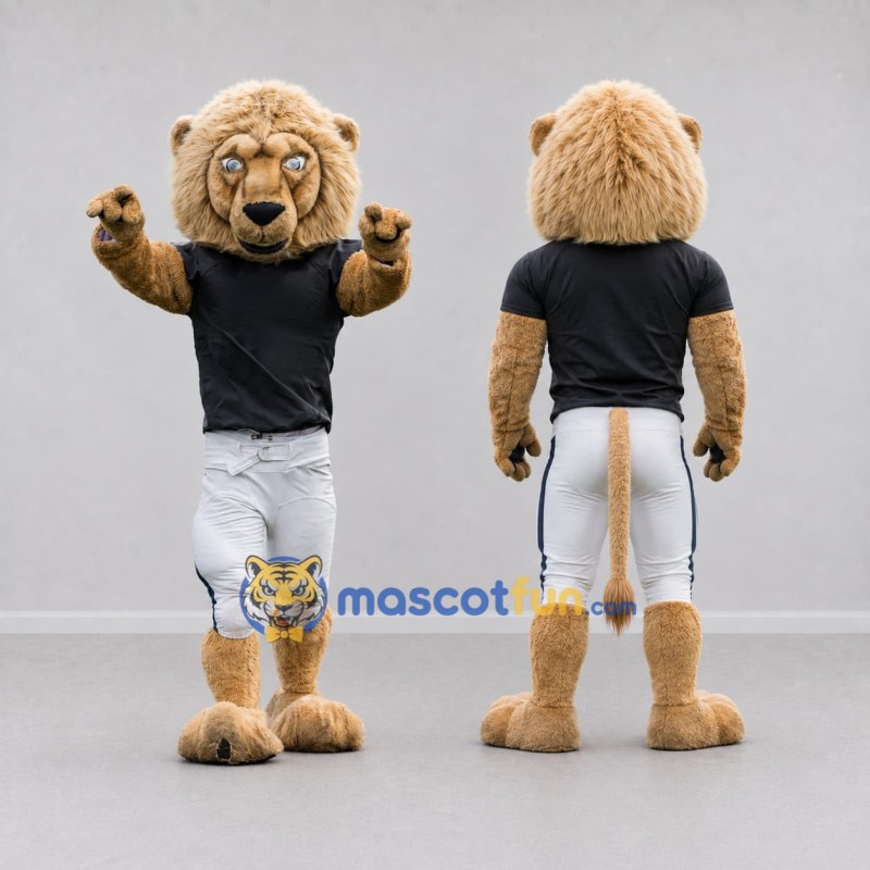 Custom Tan Black and White Lion in Sportswear Mascot Costume Adult Full Body Suit for Sports Events Custom Tan Black and White Lion in Sportswear Mascot Costume Adult Full Body Suit for Sports Events