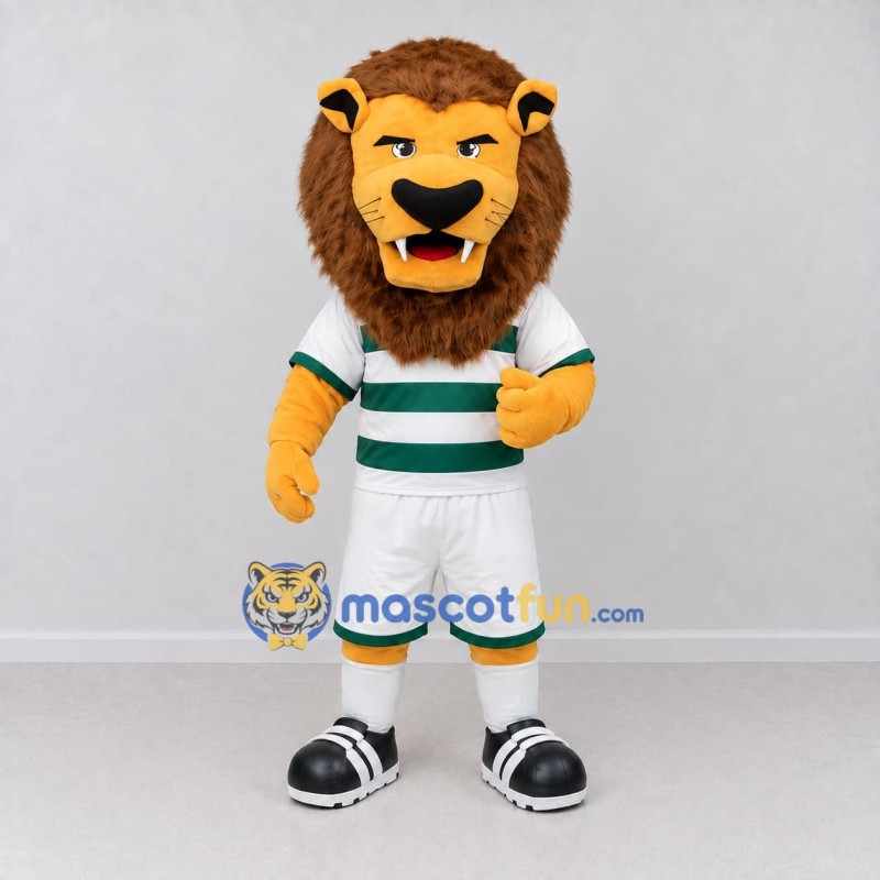 Custom Yellow Brown White and Green Lion in Sportswear Mascot Costume Adult Full Body Suit for Sports Events Custom Yellow Brown White and Green Lion in Sportswear Mascot Costume Adult Full Body Suit for Sports Events