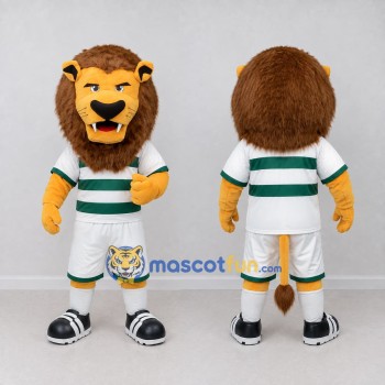 Custom Yellow Brown White and Green Lion in Sportswear Mascot Costume Adult Full Body Suit for Sports Events