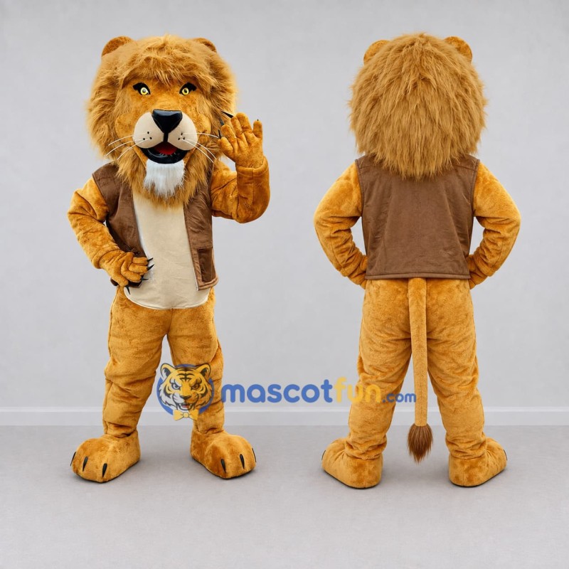 Custom Golden Brown Lion in Vest Mascot Costume Adult Full Body Suit for Wildlife Events Custom Golden Brown Lion in Vest Mascot Costume Adult Full Body Suit for Wildlife Events
