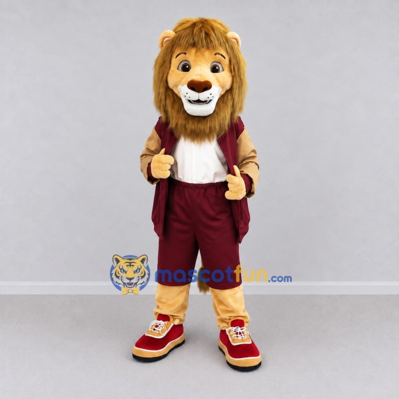 Custom Tan and Burgundy Lion in Sportswear Mascot Costume Adult Full Body Suit for Sports Events