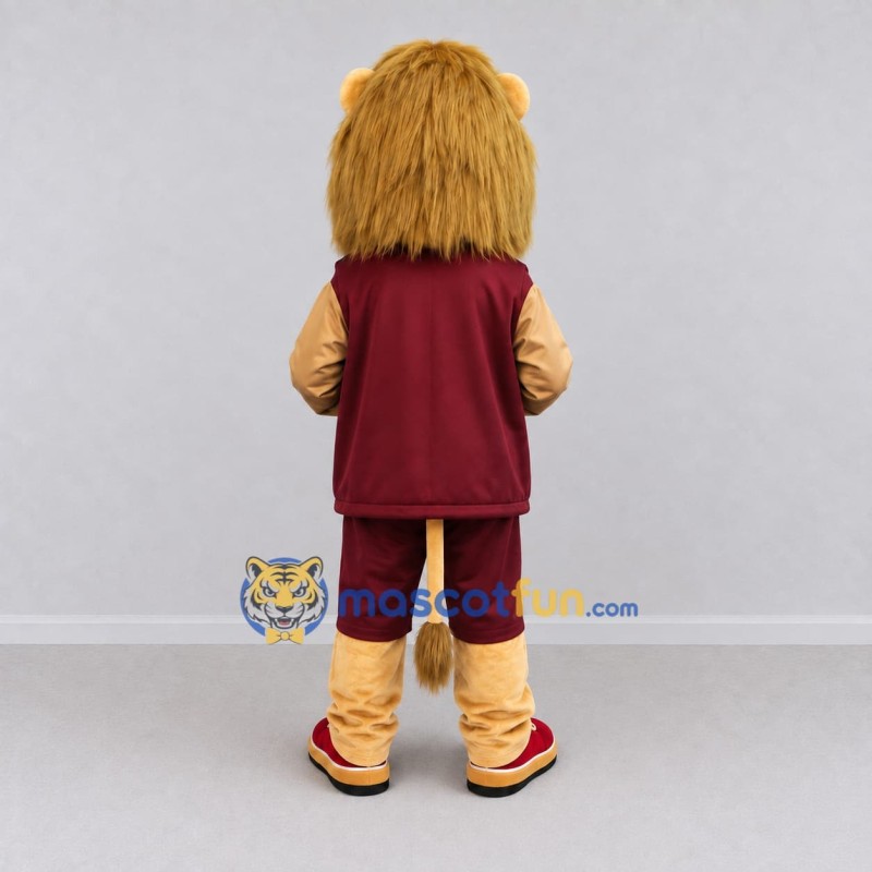 Custom Tan and Burgundy Lion in Sportswear Mascot Costume Adult Full Body Suit for Sports Events