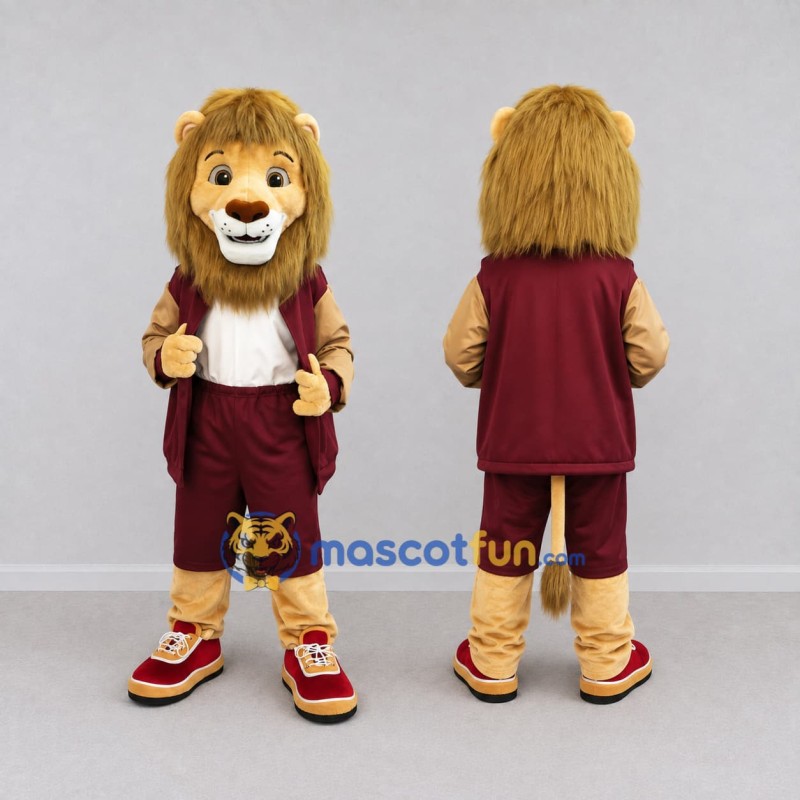 Custom Tan and Burgundy Lion in Sportswear Mascot Costume Adult Full Body Suit for Sports Events