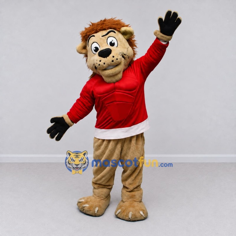 Custom Tan and Red Lion in T-Shirt Mascot Costume Adult Full Body Suit for Sports Events