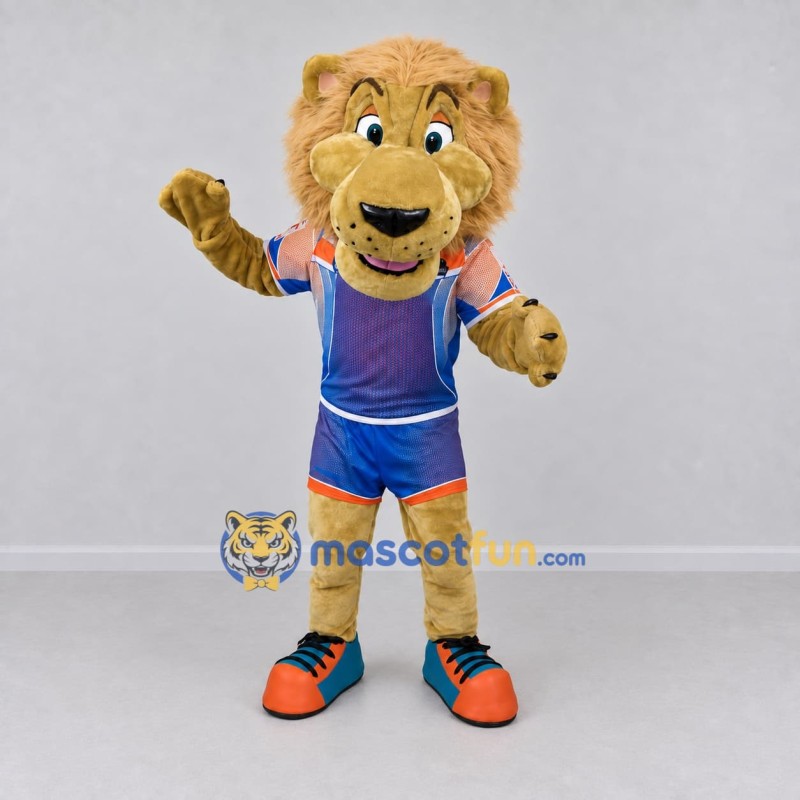 Custom Tan and Blue Lion in Sportswear Mascot Costume Adult Full Body Suit for Sports Events
