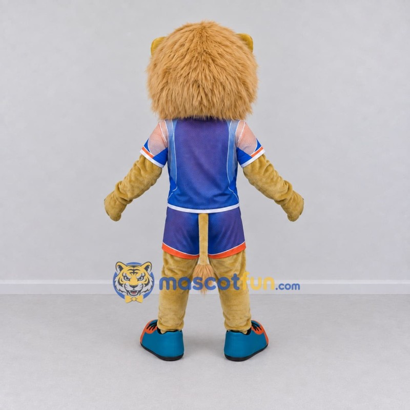 Custom Tan and Blue Lion in Sportswear Mascot Costume Adult Full Body Suit for Sports Events