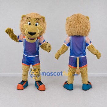 Custom Tan and Blue Lion in Sportswear Mascot Costume Adult Full Body Suit for Sports Events