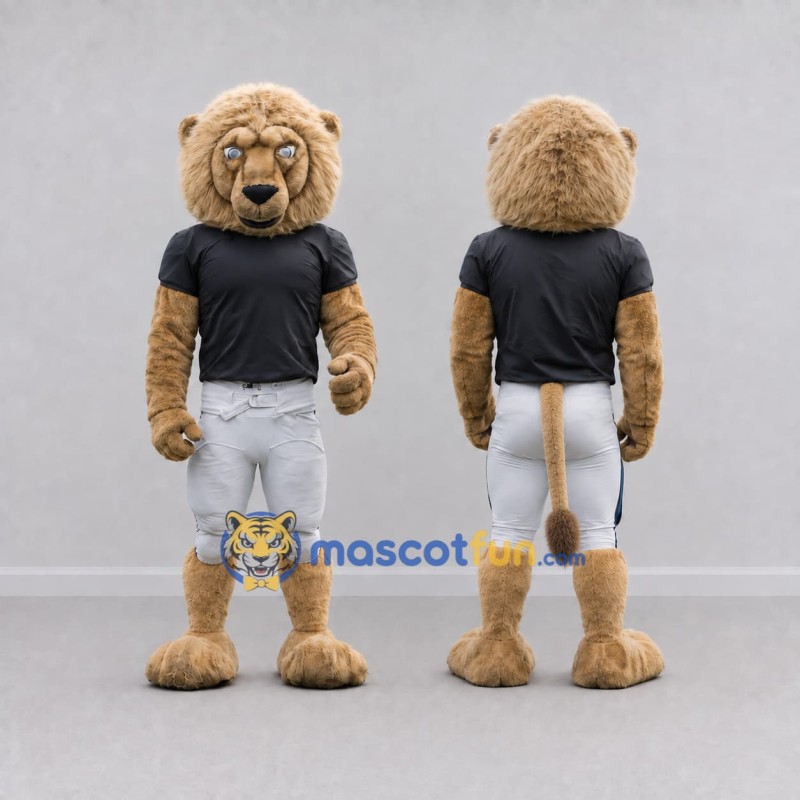 Custom Tan Black and White Lion in Sportswear Mascot Costume Adult Full Body Suit for Sports Events Custom Tan Black and White Lion in Sportswear Mascot Costume Adult Full Body Suit for Sports Events