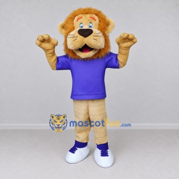 Custom Tan and Purple Lion in T-Shirt Mascot Costume Adult Full Body Suit for Sports Events