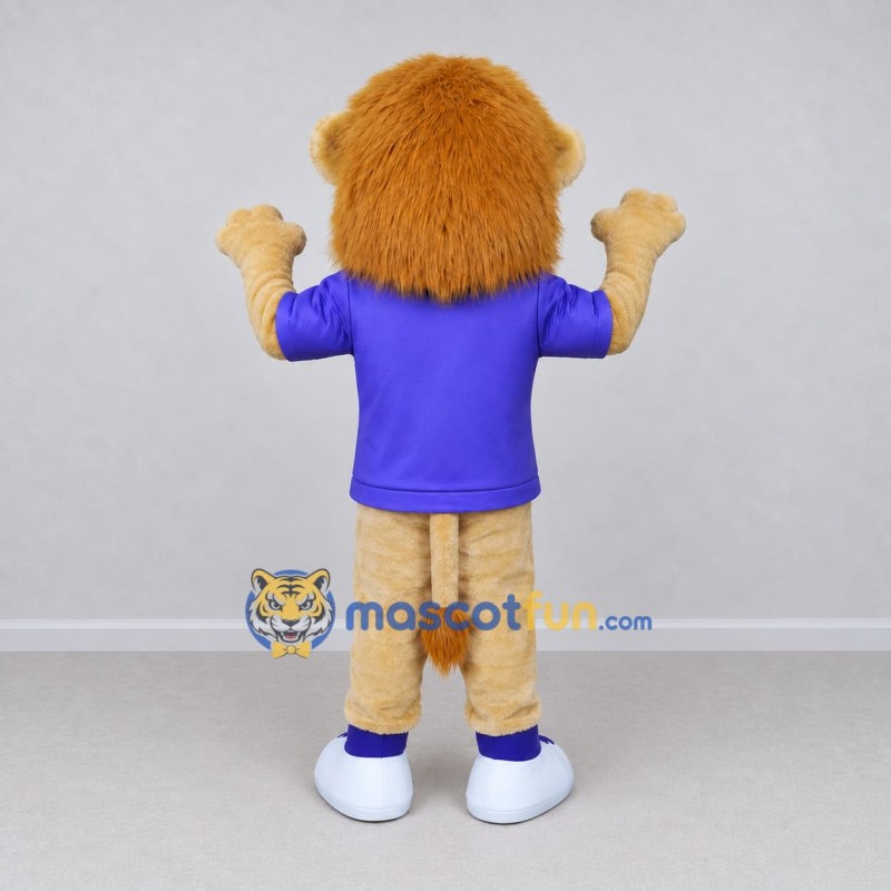 Custom Tan and Purple Lion in T-Shirt Mascot Costume Adult Full Body Suit for Sports Events